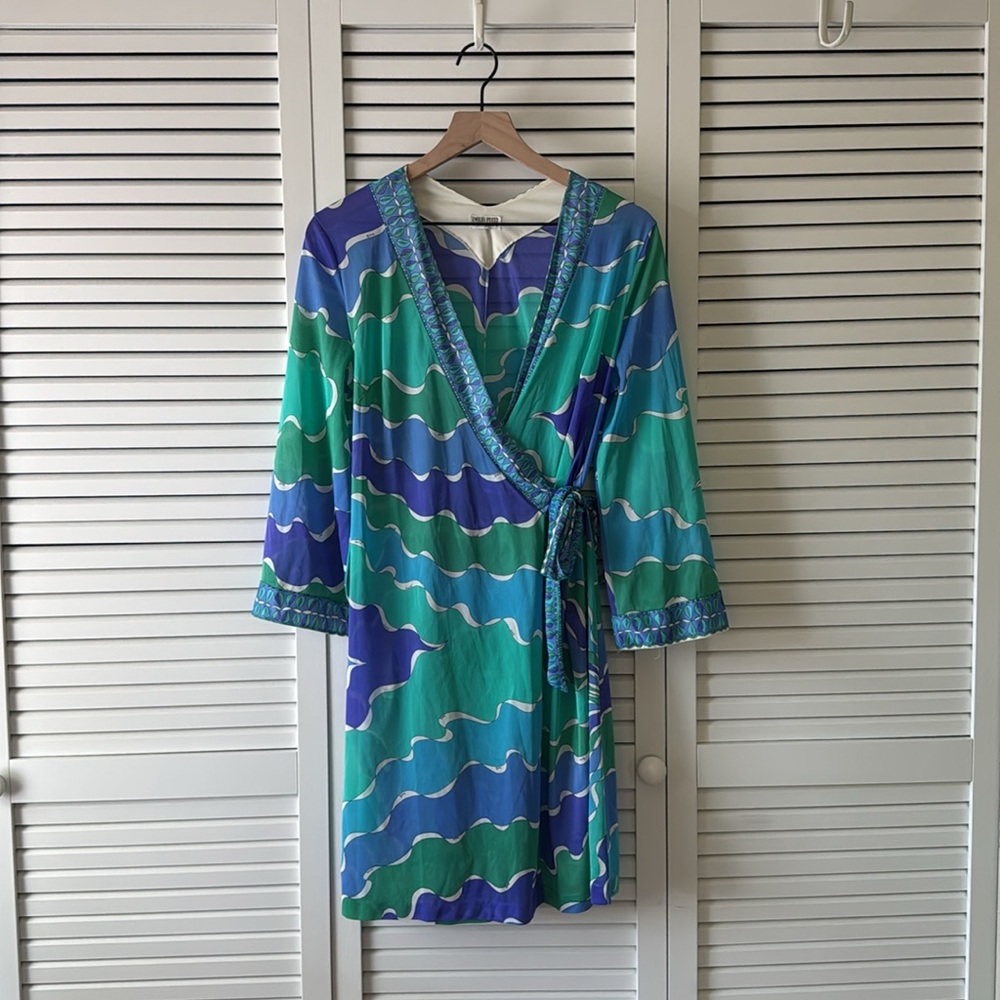 Emilio Pucci Blue and Green Wave Pattern Dress
